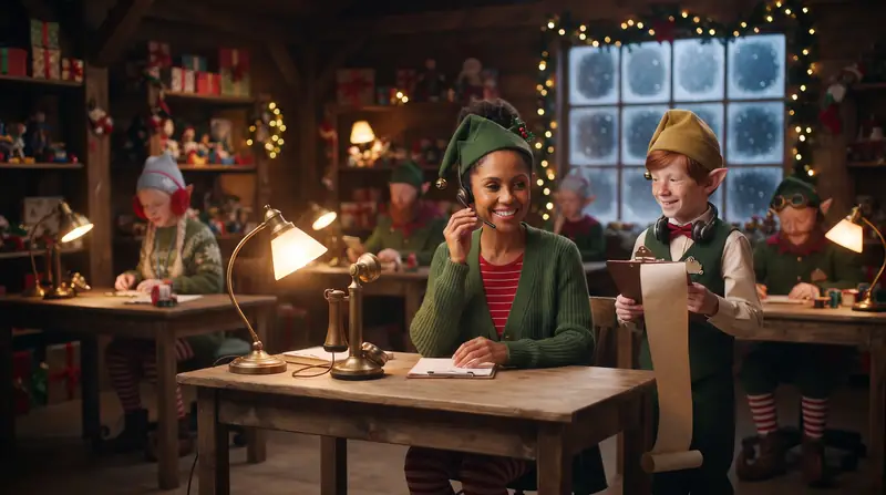 Holly the elf wearing a headset in the elves' call centre, with Pip holding a long scroll beside her.
