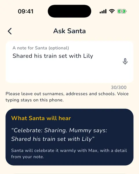 The Ask Santa screen: a note for Santa and what Santa will hear, ready for a grown-up to approve.