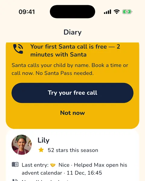The grown-ups' diary in the app: Lily has 52 stars this season, with Nice and Elf note buttons.