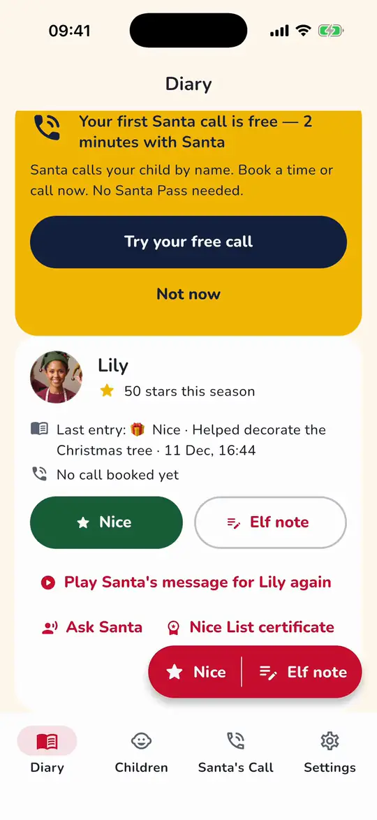 The first frame of the app tour: adding a nice moment to Lily's diary.